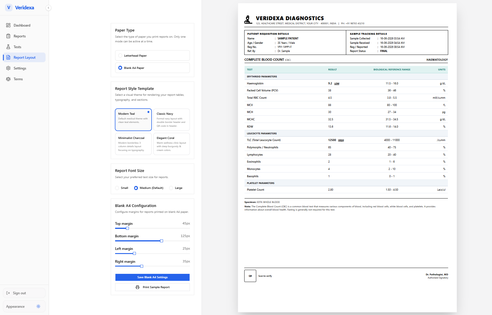 Veridexa clean A4 report with verification QR badge